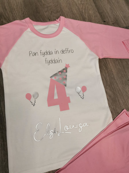 Pink Birthday pyjamas in Welsh