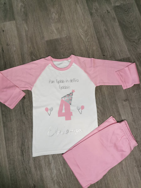 Pink Birthday pyjamas in Welsh