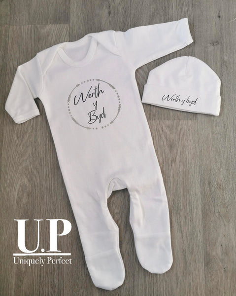 Werth y byd baby sleep suit and hat