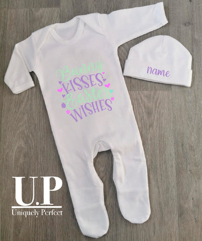 Bunny kisses, Easter wishes baby sleep suit and hat